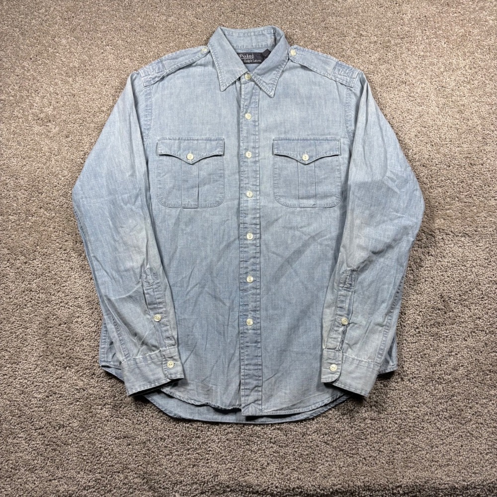 Polo Ralph Lauren Mens Medium Blue Denim Chambray Epaulet Safari Utility Shirt